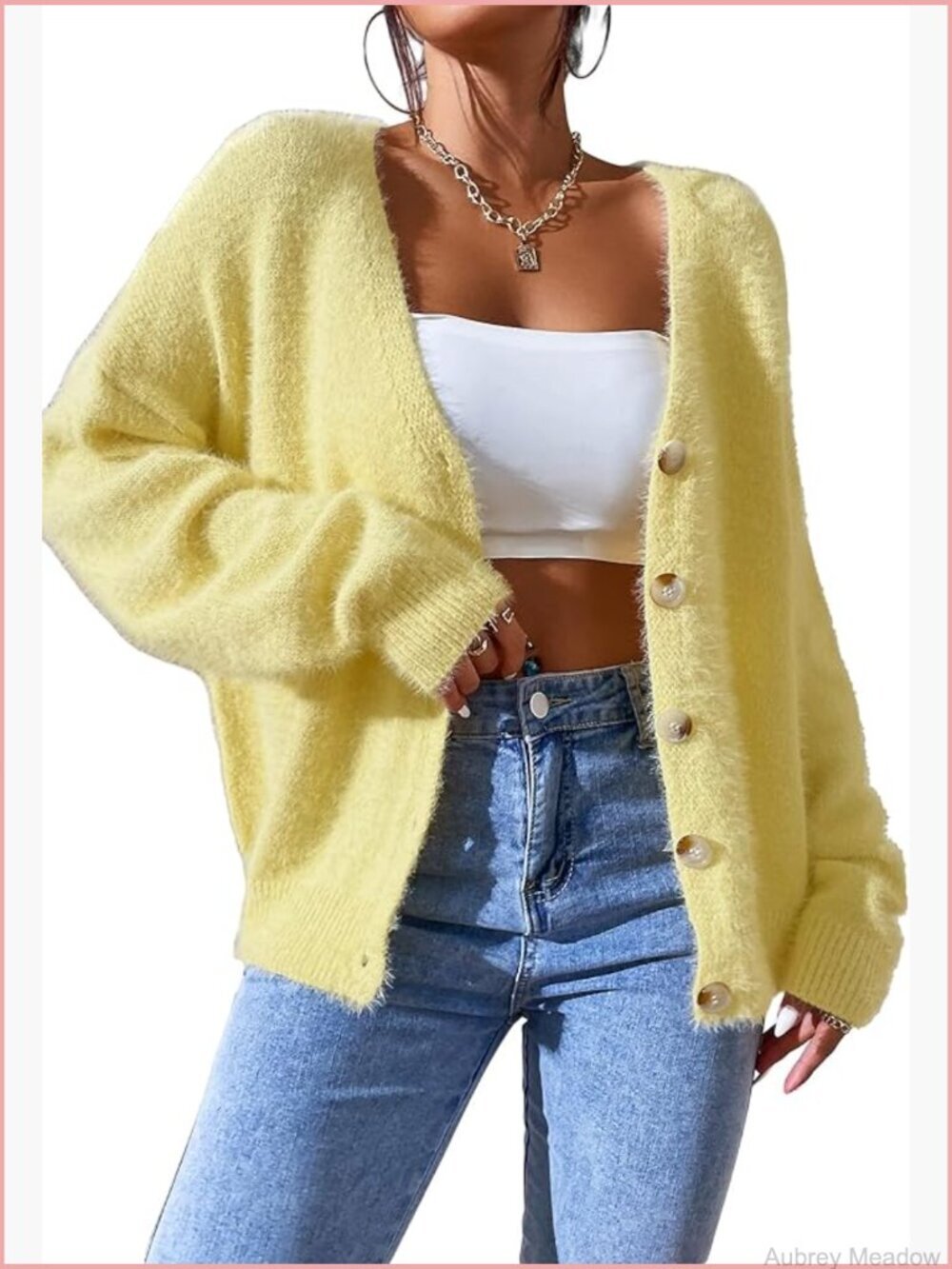 Women's Fuzzy Cardigan Sweater Long Sleeve Open Front Drop Shoulder Button Down